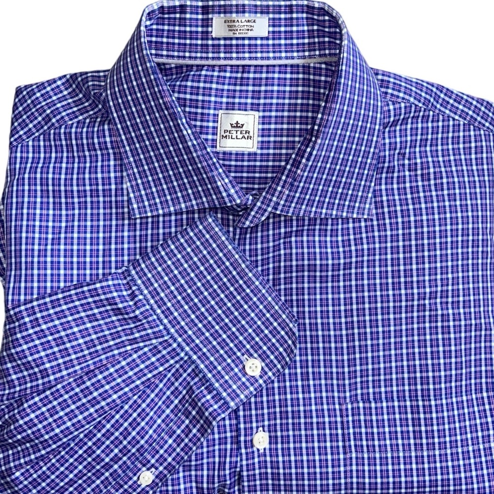 Peter Millar Long Sleeve Windowpane Blue/White/Pink Plaid Shirt Size XL rn100308